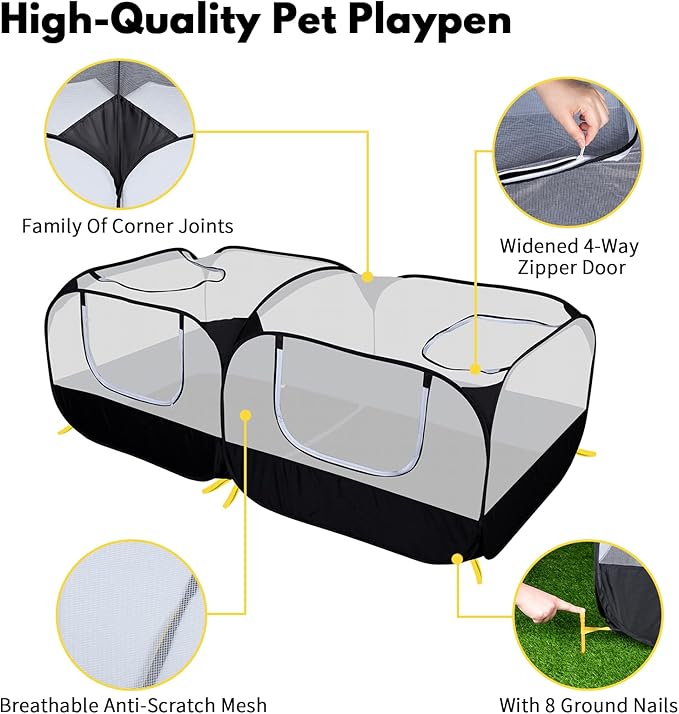Small Animal Playpen, Portable Chicken Run Coop with Detachable Bottom and Breathable Mesh Walls, Foldable Pet Enclosure for Puppy Kitten Rabbits, Pet Tent Indoor Outdoor
