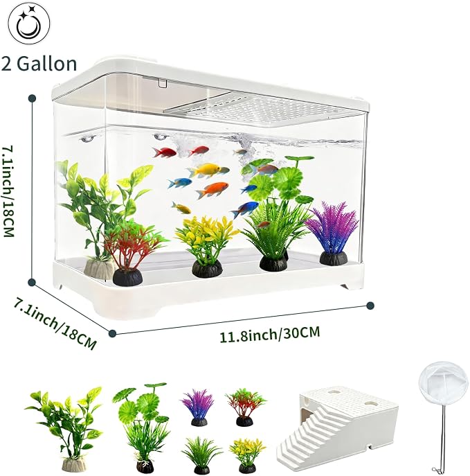 2 Gallon Plastic Betta Fish Tank, Unbreakable Small Portable Fish Bowl - Desktop Aquarium Starter Kit,Clear Rectangular Fish Tank for Goldfish Aquatic Shrimp, 9-Piece Set for Home Decoration.