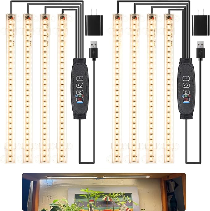 8.6'' LED Grow Light Strips, Full Spectrum 3500K Grow Lights for Indoor Plants, 4 Head with 3/9/12H Timer, 10 Dimmable Levels, Suitable for Seedling, Succulent, Plant Shelf and Greenhouse, 2-Pack