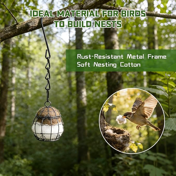 4PCS Bird Nesting Material Holder with 4PCS Nesting Cotton - Rust-Resistant Metal Hanging Nesting Balls for Outdoor Garden, Patio, Tree - Ideal for Hummingbirds, Finches, Canaries & Other Small Birds
