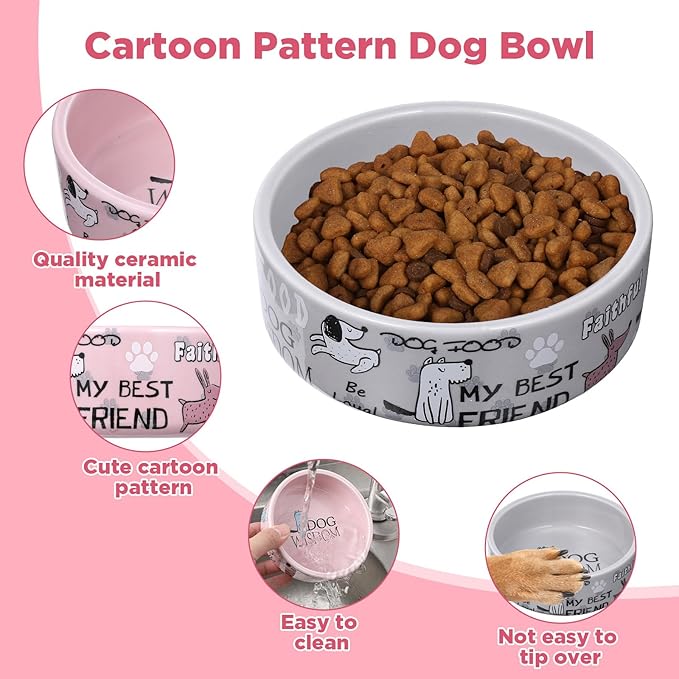 2 Pcs 5 Inch Ceramic Dog Bowls Dishes for Small Dogs Cute Cartoon Pattern Puppy Cat Bowls Heavy Food Water Dishes for Pets Feeding Travel, Dishwasher Safe Microwave Safe(Pink and Gray)