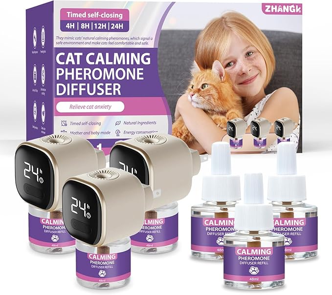 Cat Calming Diffuser Kit with Timer And Memory Adjustable 4/8/12/24H Cat Pheromone Diffuser 3-Pack (48ml Each) Helps Reduce Stress, Spraying, Fighting, Excessive Meowing & Scratching Fits All Cats