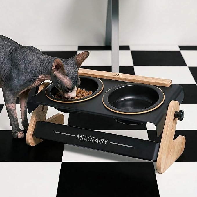 Elevated Cat Bowls 6.8oz x2, Adjustable Raised Cat Bowl Stand, Ceramic Cat Food and Water Bowl Set for Cats and Small Dogs