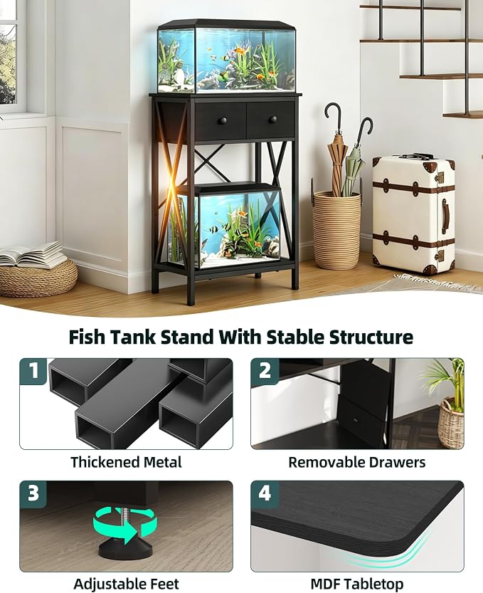 Fish Tank Stand with Drawer, 5-10 Gallon Aquarium Stand Easy Assemble | Stable Metal Frame, 2-Tier Breeder Reptile Turtle Terrarium Table Fits Office Home, 19.4"x11" MDF Tabletop, 220 lbs Capacity