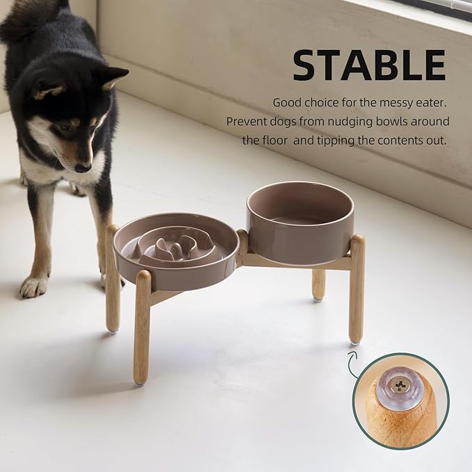 Havniva Ceramic Raised Slow Feeder Dog Bowl Set, Elevated 7.3inch Bowl and 8.2inch Puzzle Slow Dish with Wooden Stand for Medium and Large Dog, Anti-Gulping (2X Brown Coffee+ Stand)