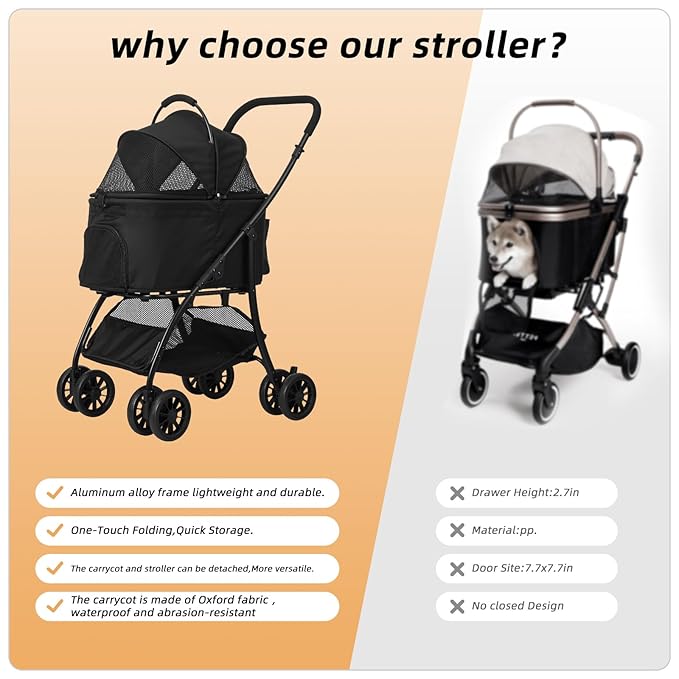 Pet Stroller Quickly Folds for Easy Storage Cat Stroller with Detachable Carrier Thickened Oxford Cloth Breathable Basket Dog Strollers for Small Dogs (Black)