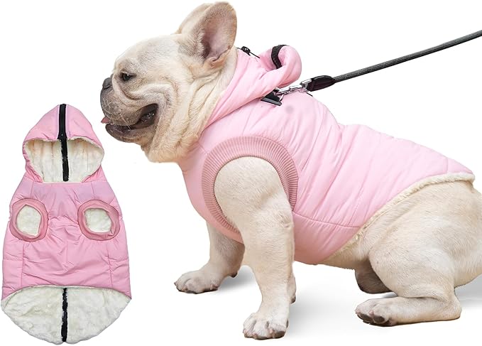 Vecomfy Fleece Lining Dog Hoodie with Harness Built in,Extra Warm Medium Dog Jacket in Winter Doggie Coats with Hooded,Light Pink XL
