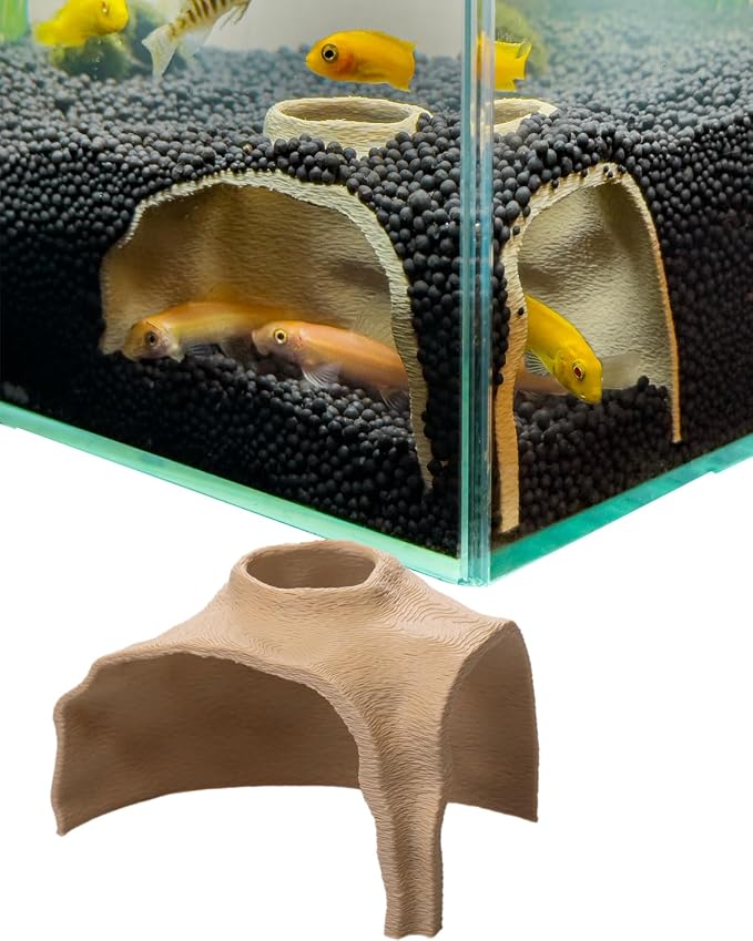 Aquarium Cave – Rock Texture Fish Shelter with 180° Viewing Angle, Betta Fish Tank Accessories, Shrimp & Snails – Aquarium Decor & Tunnel (Sand)