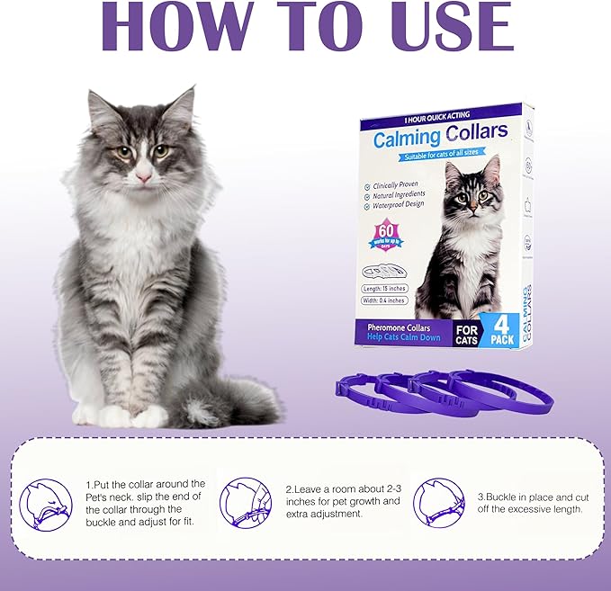 4 Pack Calming Collar for Cats - Long-Lasting Anxiety & Stress Relief, Adjustable Pheromones Collar for Cats, Natural Soothing 60 Days of Continuous Calming Effect