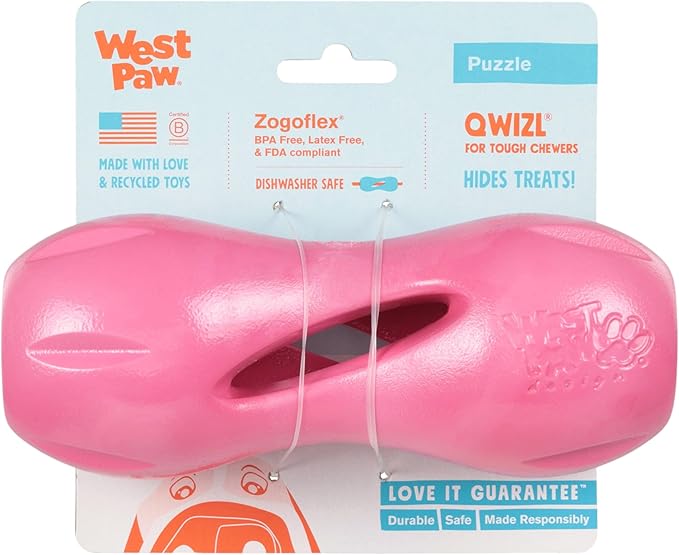 WEST PAW Qwizl Durable Zogoflex Dog Puzzle Toy for Mental Stimulation, and Enrichment - Treat Dispensing for Bully Sticks and Dental Sticks - Dishwasher Safe - Made in USA - Large - Geranium