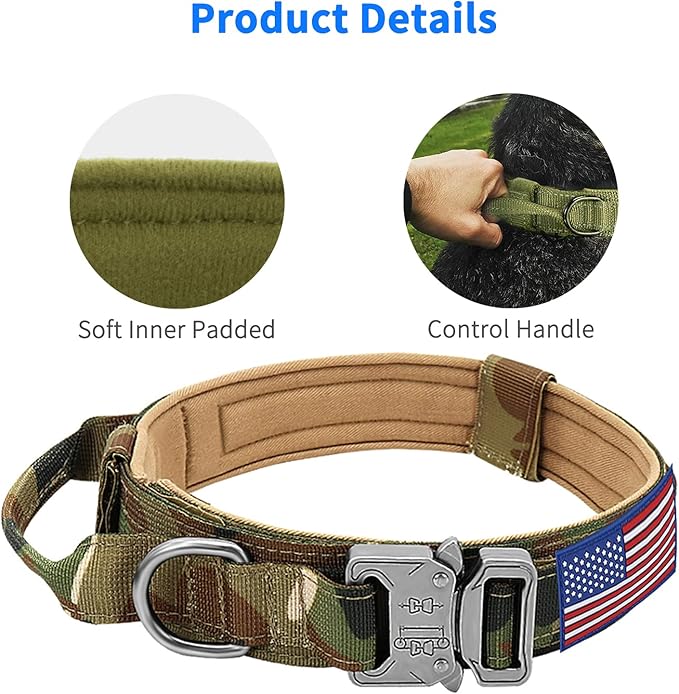 Large Tactical K9 Military Dog Collar - Heavy Duty with Handle, Camo for German Shepherd (Medium, Green Camo)