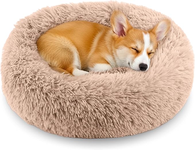 Calming Extra Large Donut Dog Bed, Round Soft Fluffy Plush Faux Fur Anti-Anxiety Washable Anti-Slip Pet Bed for Large Size Dog and Cat 32in （Camel）
