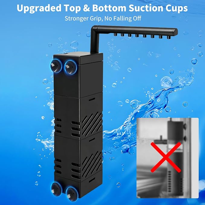 5-in-1 Aquarium Submersible Filter for 3-5 Gallon Fish Tank Ultra-Quiet Small Internal Aquarium Filter, Dual Suction Cups, Multi-Function Outlet, with Reusable Filter Media 3W 80GPH