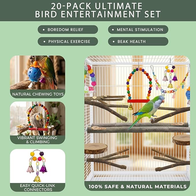 20 Pack Bird Toys for Cockatiels, Parakeet Toys for Cage, Natural Wood Parakeet Perches, Hanging Budgie Toys Swings and Parakeet perches, Essential Avian Playthings for Inside Cage