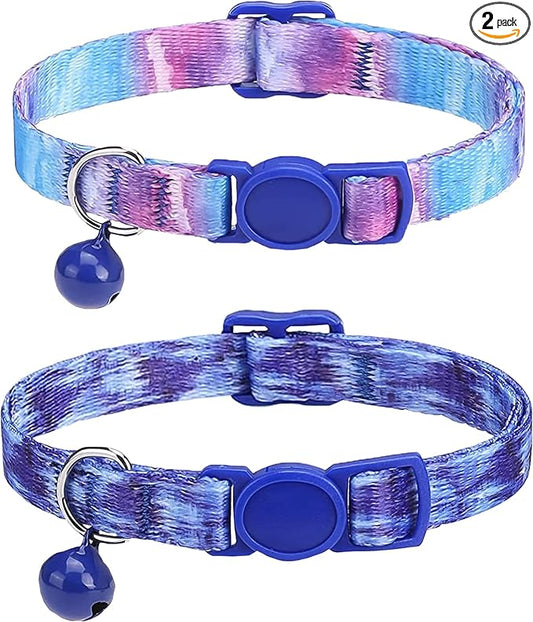 SOLMOONY Cute Cat Collar for Girl Boy,Colorful Breakaway Cat Collars with Bell 2 Pack，Adjustable Printed Nylon with Safety Buckles Kitten Collar (Starry Sky)