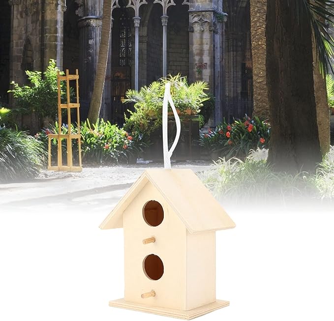Wooden Bird House,Bird Nests Box DIY Painting Wild Bird House Wooden Bird House Kit for Bird (Double Layer Two Hole)