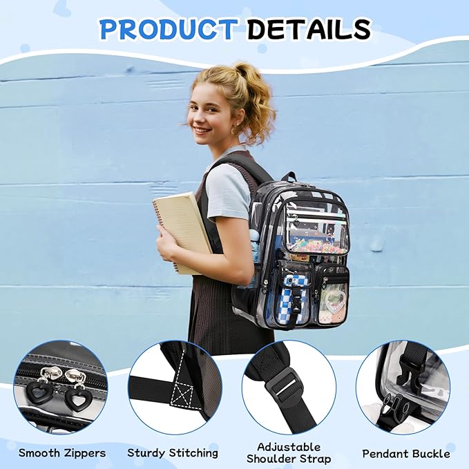 MOONBABY Clear Backpack for Girls, Clear Bookbag Heavy Duty Transparent Backpack for Stadium Events, See Through Back Pack for Kindergarten Elementary Middle High School, Black