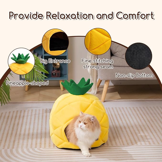 Hollypet Cat Bed Self-Warming Kitty Cave Hut House Nest Pet Sleeping Bed for Indoor Cats, Yellow, Pineapple Cave