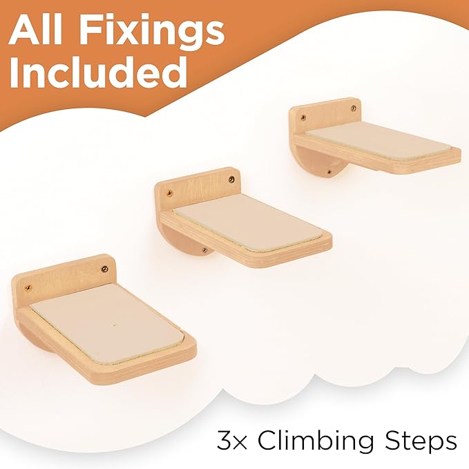 INICIO Cat Wall Stairs, Natural Wood - Set of 3 Wall Steps for Cats to Climb with Fixtures, 8.7"x4.7" - Floating Steps for Climbing or Playing - for Kittens and Adult Cats