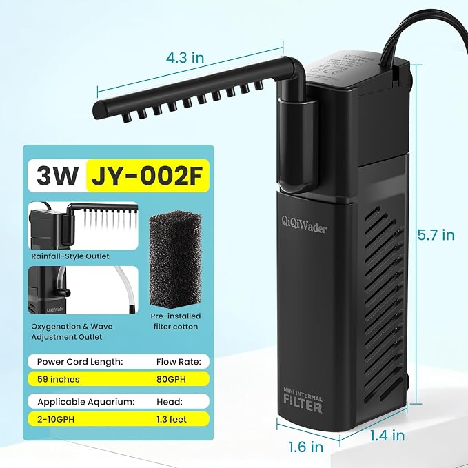 Aquarium Filter, Fish Tank Filter, Suitable for 2-10 Gallon Fish Tanks, 3W 80GPH with Two Modes Switching Function.