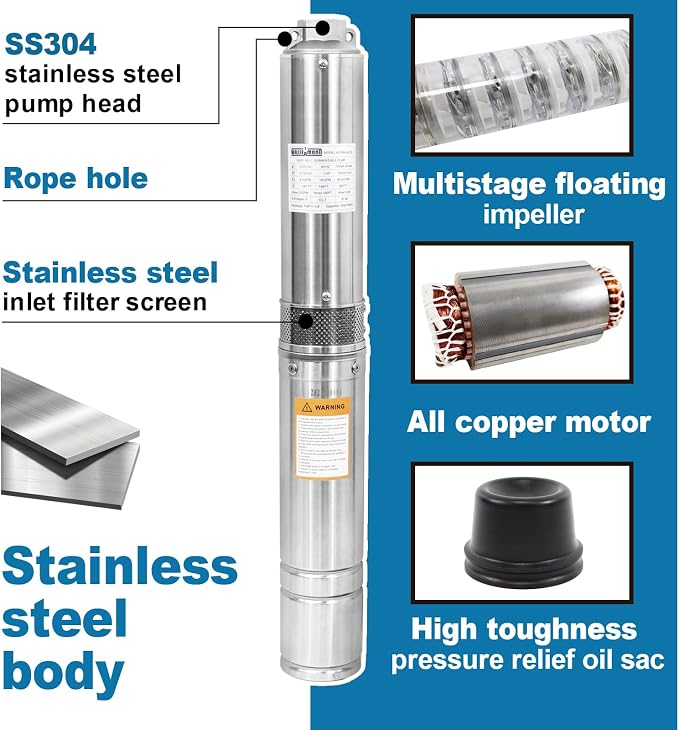 4" Deep Well Submersible Pump with 10FT Cable, 1HP, 230V/60HZ, 33GPM, 190FT Head, Stainless Steel Submersible Well Pumps Borehole Water Pump for Home, Factories, Irrigation, Farmland
