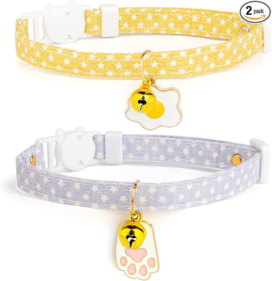 2 Pack Cotton Breakaway Cat Collar with Bell Yellow & Purple Egg Paw Pendant Cute Kitten Cat Collar Suitable for Girls and Boys
