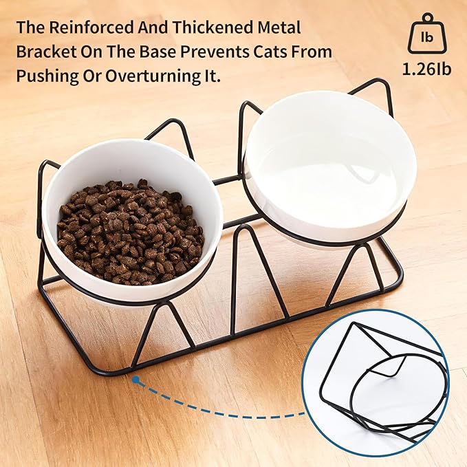 Elevated Cat Food Bowl,Ceramic Raised Water Bowl for Indoor Cats, 15°Tilted Metal Stand Anti Vomiting and Protect Spines,Whisker Fatigue Feeding Dishes,Non-slip and Dishwasher Safe