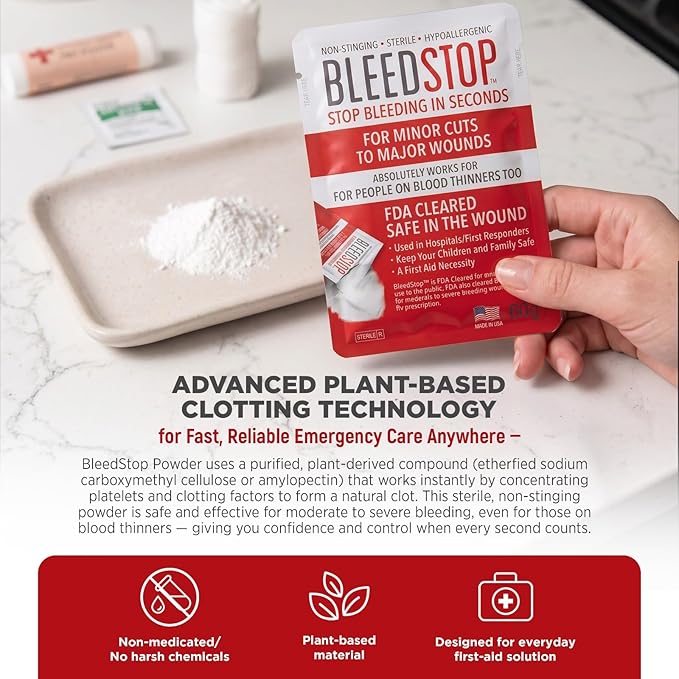 BleedStop First Aid Bleeding Control Powder – Rapid Blood Clotting for Serious Wounds & Nosebleeds, 150 g – Safe for Blood Thinner Patients