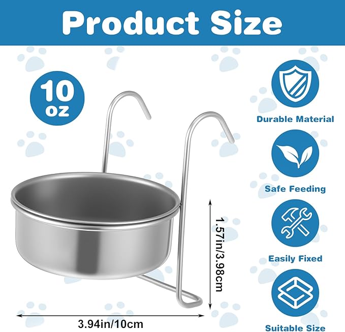 8 Pcs Stainless Steel Hanging Pet Bowl, 10 oz Kennel Food and Water Dish Feeder Coop Cup with Hook for Dog Crate, Cat, Rabbit Birds Chicken Cage No Spill