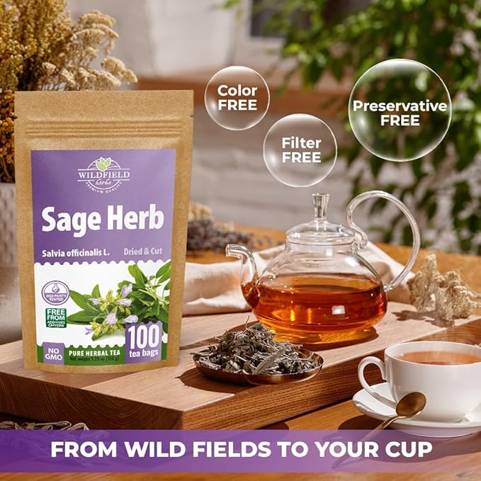 100 Bags Dried Sage Herb Herbs Tea (Salvia officinalis) - 100 count Tea Bags Sage Herbal Tea