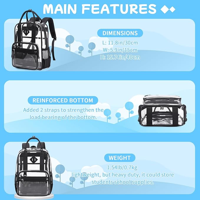 MOONBABY Small Clear Backpack for School Transparent Bookbag for Kids Heavy Duty PVC See Through Backpack Stadium Approved