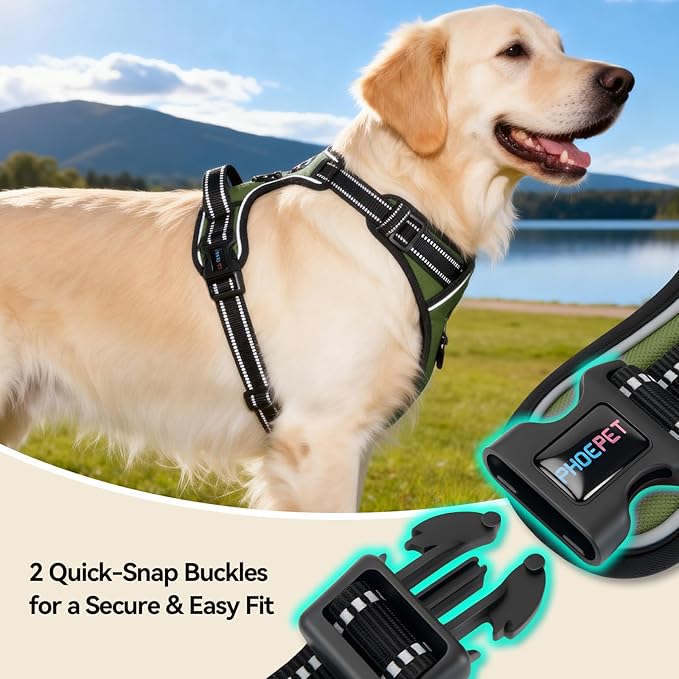 PHOEPET No Pull Dog Harness with Handle Reflective Padded Vest for Small Medium Large Dogs, Adjustable Puppy Harnesses with Front & Back Clip Easy Walking (L, Misty Green)