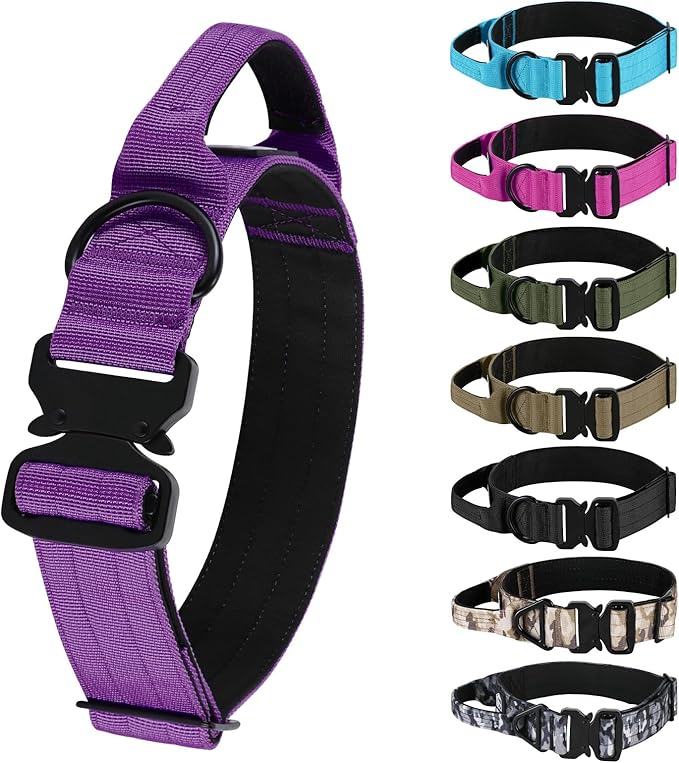 Tactical Thick Dog Collar, Adjustable Training Nylon Dog Collar, Heavy Duty Metal Buckle & Control Handle for Small Medium Large Dogs (M, Purple)