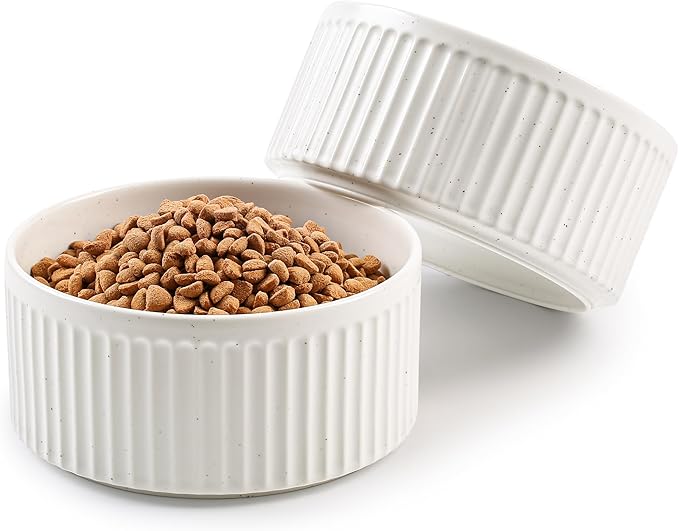 Non-Slip Ceramic Dog Bowls,8" Dog Food and Water Bowl Set with Silicone Base, 64oz/8cups Weighted Flip-Proof Pet Feeding Bowl for Medium and Large Dogs (Large,White)
