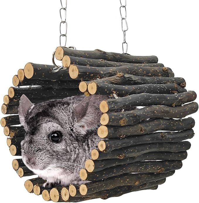 BNOSDM Chinchilla Hanging Tunnel Toy with Adjustable Metal Chain,Natural Fruitwood Small Animal Tubes & Tunnels Toys, Rat Cage Accessories for Ferret, Squirrel, Guinea Pig (Size M)