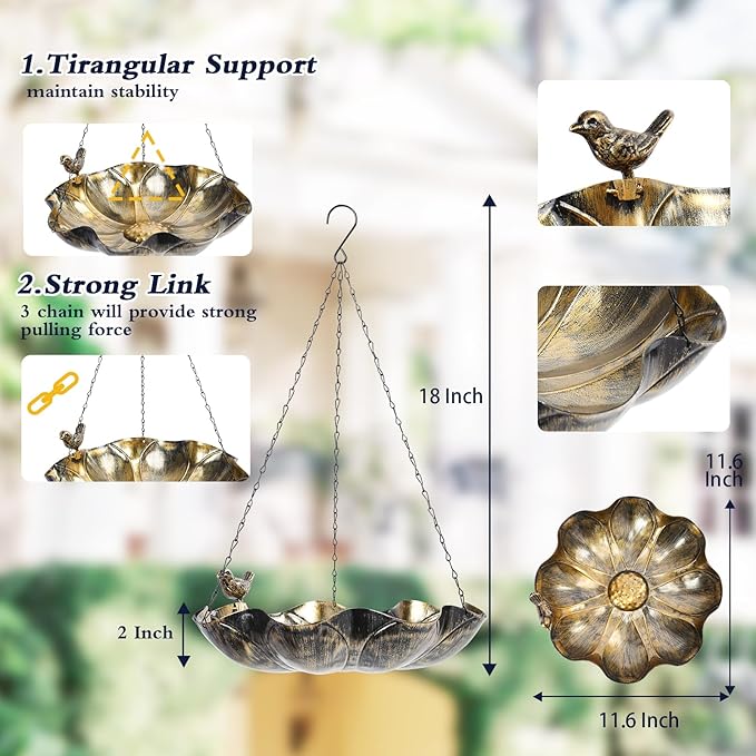 MUMTOP Hanging Bird Baths for Outdoors - Metal Bird Bath, 11.6 Inch Flower Shape Birdbath Bird Feeder Bowl for Outside, Garden, Lawn Yard Decor(Silver)