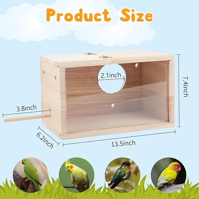 Natural Wood Nesting Box for Parakeet Birds Transparent Design Breeding Box with Perch Wood Bird Cage House for Cockatiel Lovebirds Budgie Finch Parrotlets Canary (X-Large)