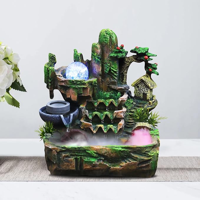 Indoor Fountain Rockery Tabletop Water Fountain with an Atomizer Elaxation | Water Feature Meditation with LED Light for Home Office Desktop Decor Gift 11.81''L x 7.09''W x 12.99''H