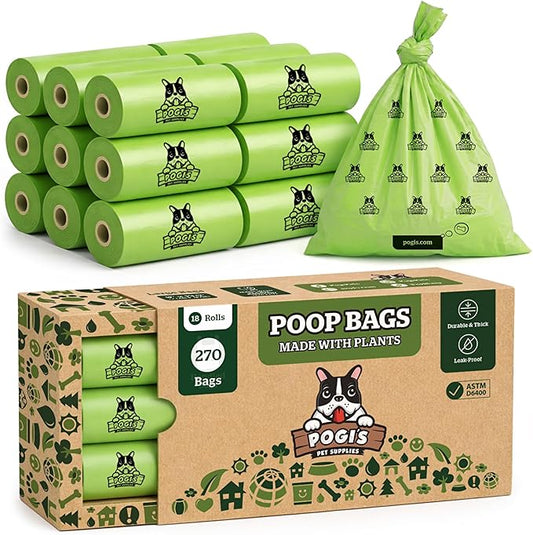 Pogi's Compostable Poop Bags – Leak-Proof, Extra-Large, Made with Plants – 18 Rolls (270 Bags)