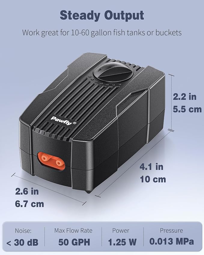 Pawfly 50 GPH Aquarium Air Pump for 10-60 Gallon Fish Tanks Dual Outlet Adjustable Ultra Quiet Aerator Pump with Airline Tubing, Air Stones Connectors, Check Valves and Nano Bio Sponge Filter