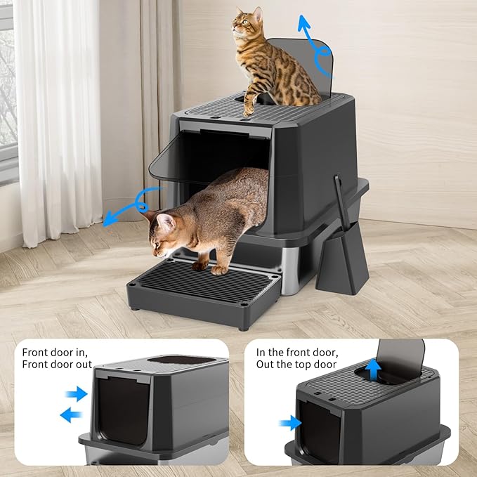 RIZZARI Enclosed Cat Litter Box: All Black Stainless Steel - Odor-Resistant & High-Sided - Teflon Non-Stick Coating for Quick Cleaning - Large Top-Exit Pan for Modern Homes Balcony