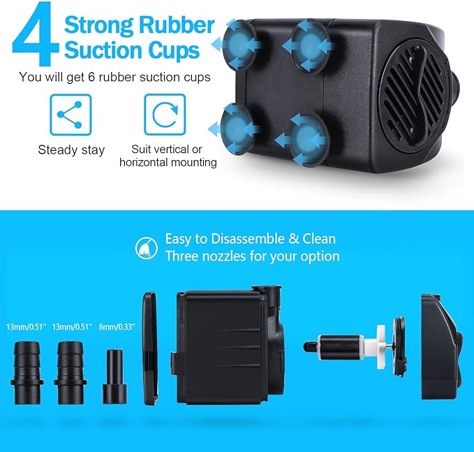 CWKJ Fountain Pump, 2 Packs 160GPH(10W 600L/H) Submersible Water Pump, Durable Outdoor Fountain Water Pump with 7.2ft（2.2m）Power Cord, 3 Nozzles for Aquarium, Pond, Fish Tank, Water Fountain Pump
