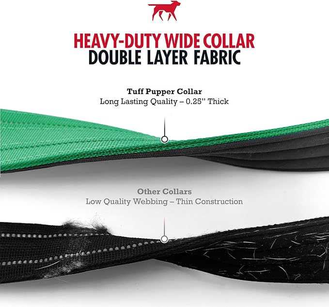 Tuff Pupper Heavy Duty Tactical Dog Collar | 1.5" Wide Ballistic Nylon | Reflective Stitching | Integrated ID Tag Holder | Stainless Steel Buckle | Padded Lining | Medium & Large Dogs (Green, Large)