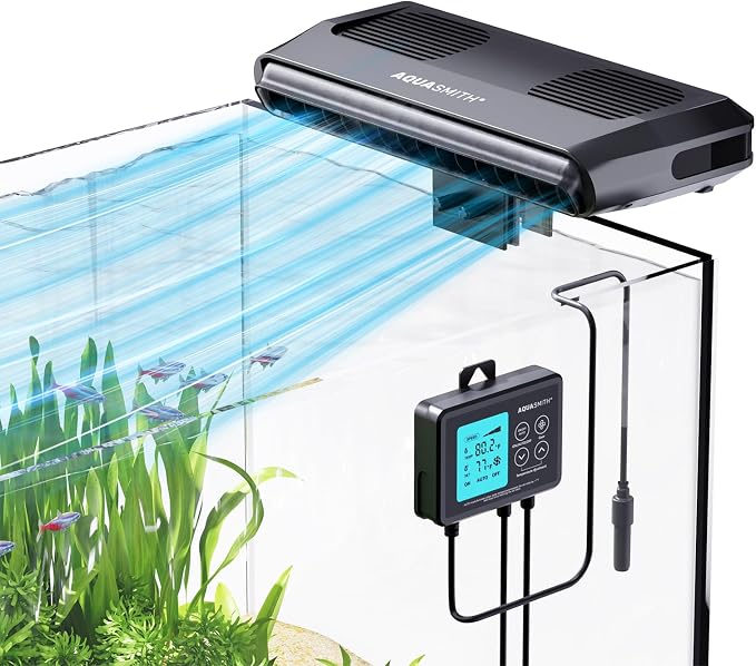 AQUASMITH Aquarium Chiller Fan,Fish Tank Cooler with Temperature Control,Minimum Setting 59℉,Auto Start/Stop,Refrigeration Effect 3-7℉,3-Speed Modes,for Axolotl Seawater Freshwater Coral Grass Tank