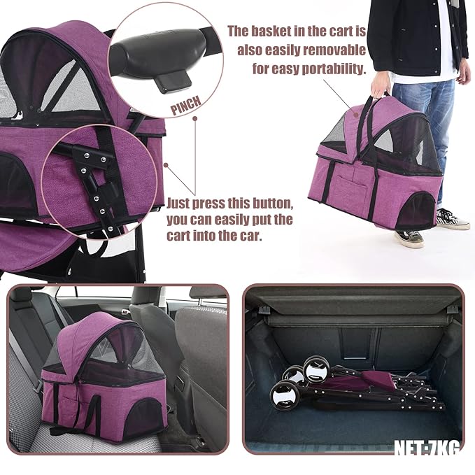 NChanmar Dog Stroller Cat Pet stoller 3-in-1 Folding for Small Medium Dogs Cats with Detachable Carrier Storage Basket Waterproof Lightweight Travel,Purple, 3 Wheels, 7.0 kilograms
