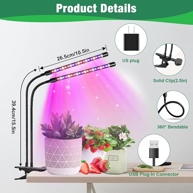 Plant Light, 2 Heads Grow Lights for Seed Starting with Clip, 2Pack | Full Spectrum Grow Light, Timer 6/12/16Hrs, 3 Spectrums, 5 Dimmable Levels, Flexible Gooseneck