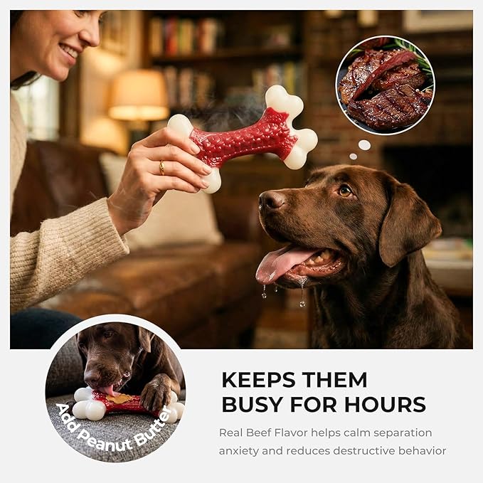 Kseroo Indestructible Dog Toys for Aggressive Chewers: Beef Flavored Hard Nylon Bone Chew Toys, Tough Dog Chew Toys for Large Dogs, Dog Toys to Keep Them Busy for Medium Large Breed (20-80 lbs), Red