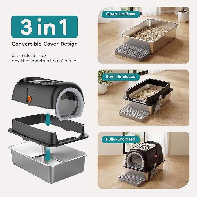 OLIXIS Stainless Steel Litter Box with Lid, Extra Large Enclosed Cat Litter Pan for Big Cats, High Sided Cat Box with Scoop & Mat, Front & Top Entry, Black