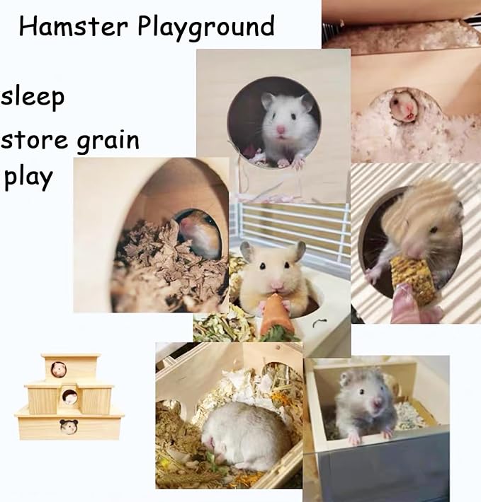 Wood House Hideout 2-Chamber Hamster Wooden Multi-Chamber Habitats Decor for Dwarf Chinchilla Mice Gerbils Mouse and Other Small Rodents
