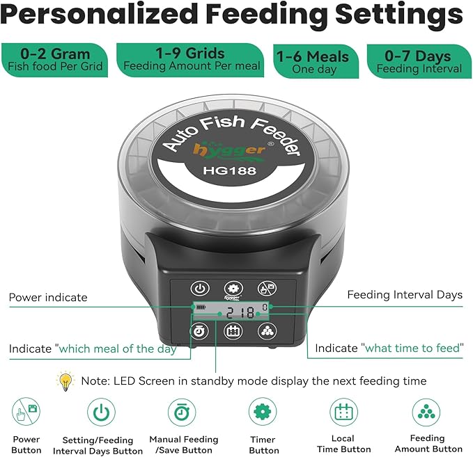 hygger Automatic Fish Feeder for Aquarium: Auto Fish Food Dispenser with LED Display & Timer, Aquarium Vacation Feeder with 3 AA Batteries for Betta Turtle Goldfish